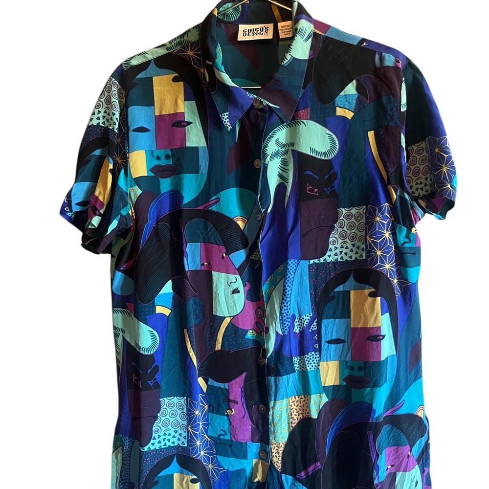 Chico’s Design 100% Silk Art Print Button Top | Abstract Faces Shirt | Size 1